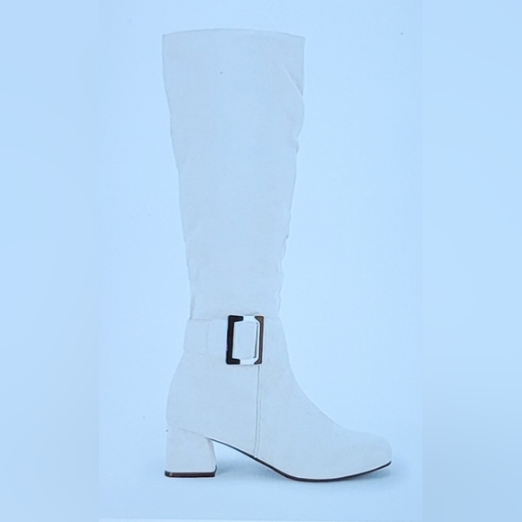 NIB FAUX SUEDE METAL BUCKLE SIDE ZIP CHUNKY HEEL KNEE HIGH BOOT BEIGE 5.5 - Picture 7 of 15